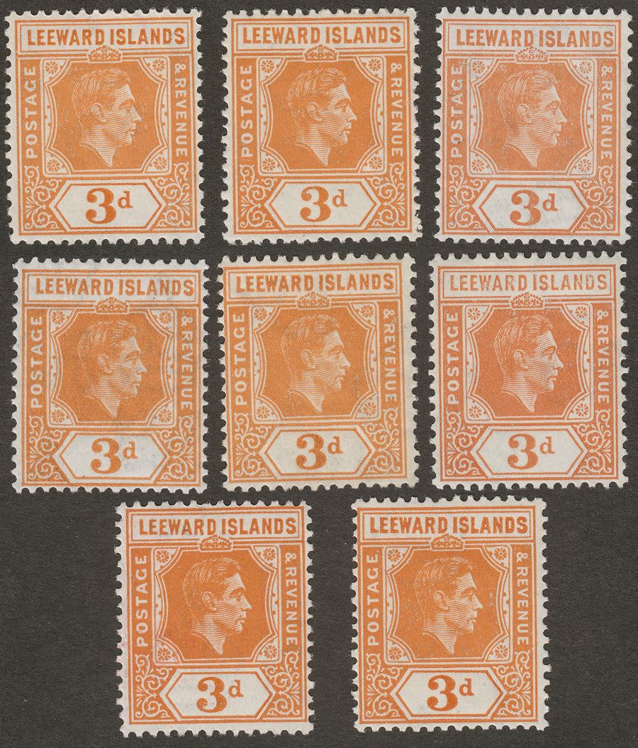 Leeward Islands 1942 KGVI 3d Orange Ordinary Paper Shade Range Mint SG107a