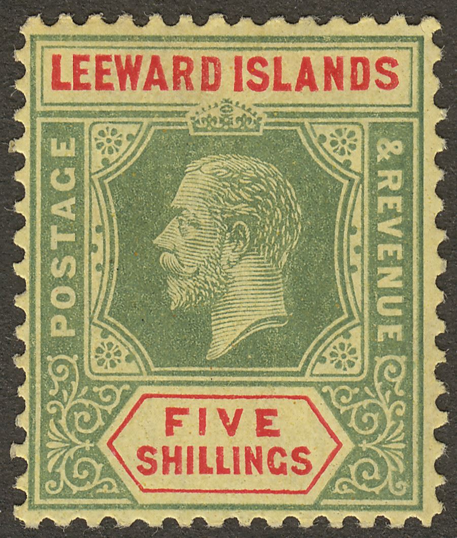 Leeward Islands 1920 KGV 5sh Pale Green and Red on Buff Mint SG57c
