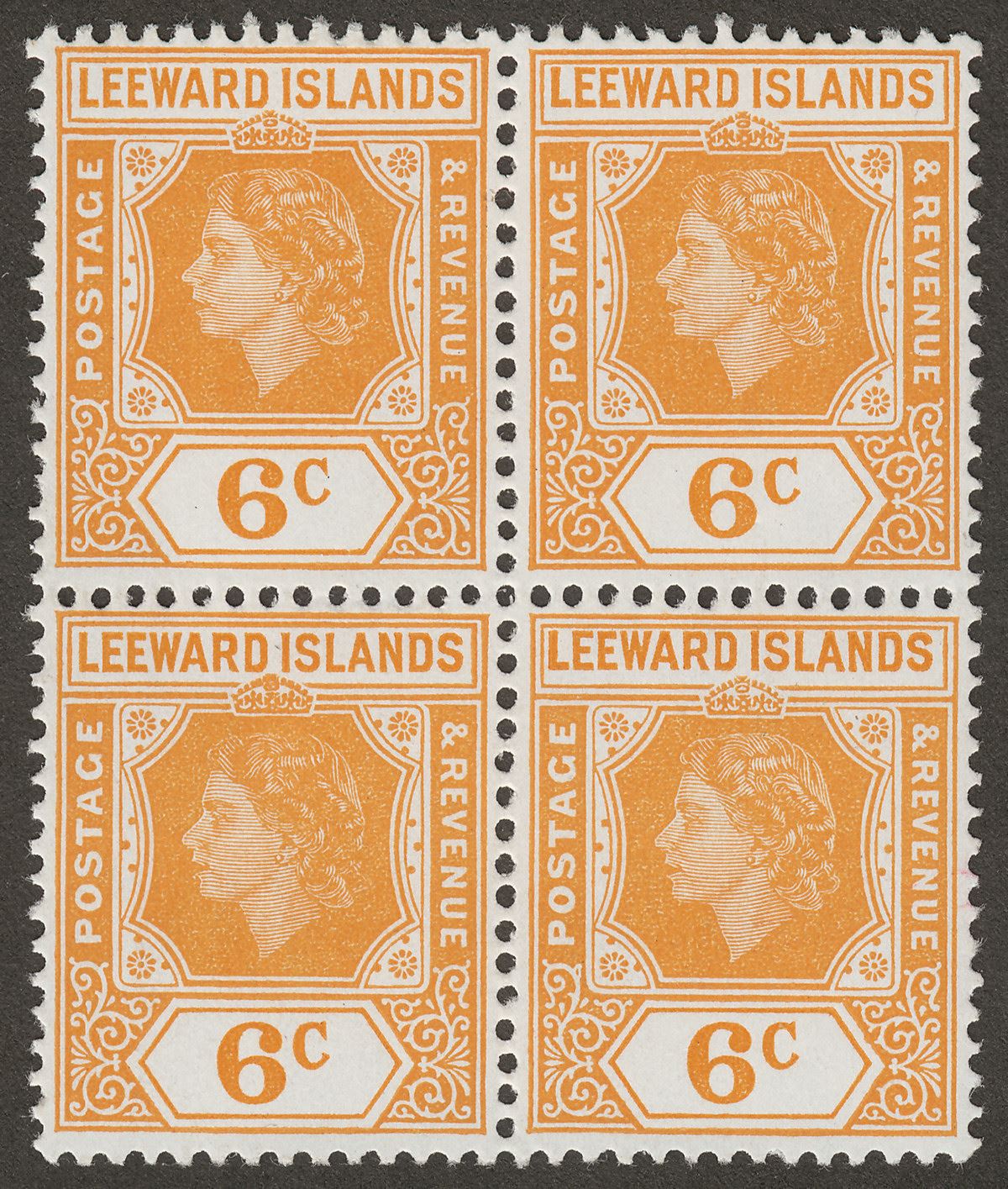 Leeward Islands 1954 QEII 6c Yellow-Orange Block with Loop Flaw Mint SG132a