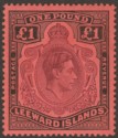Leeward Islands 1944 KGVI £1 Brown-Purple and Black on Salmon p14 Mint SG114b