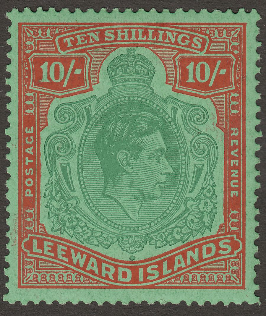 Leeward Islands 1944 KGVI 10sh Deep Green and Dp Vermilion Ord Paper Mint SG113c