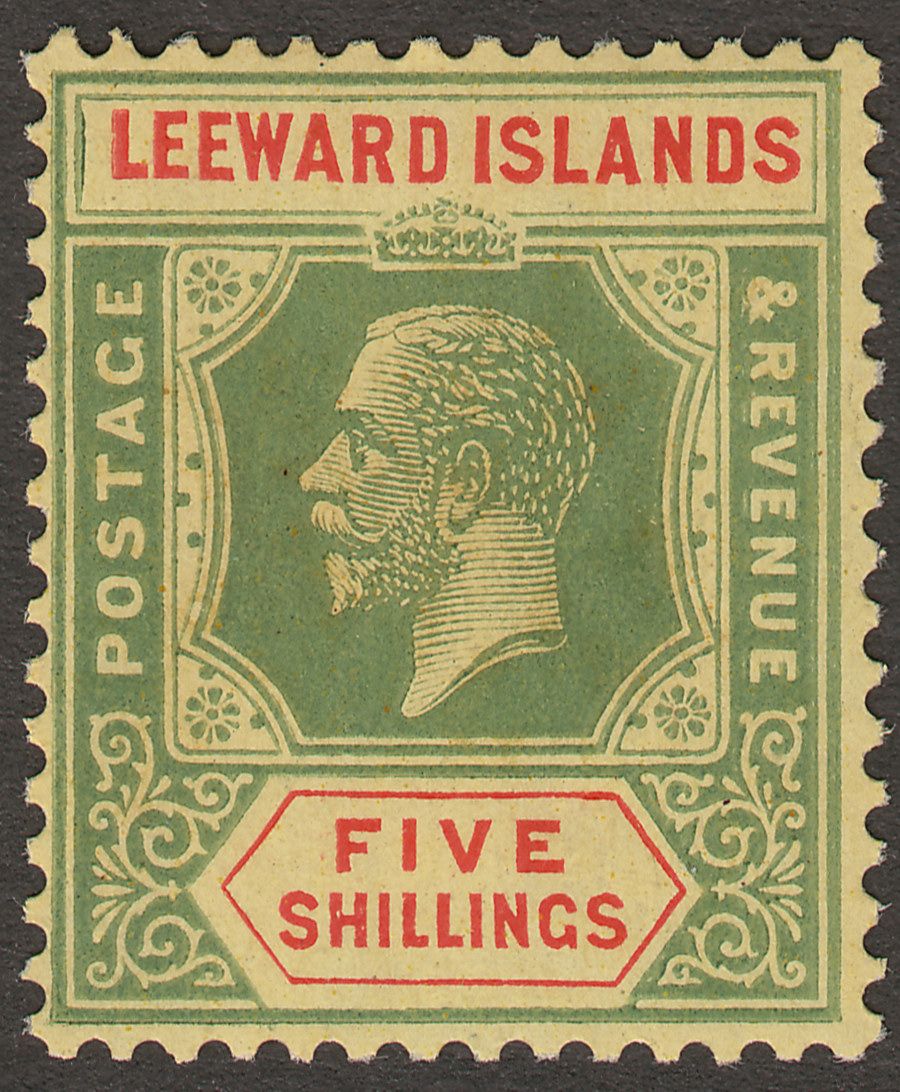 Leeward Islands 1923 KGV 5sh Green and Red on Pale Yellow Mint SG78