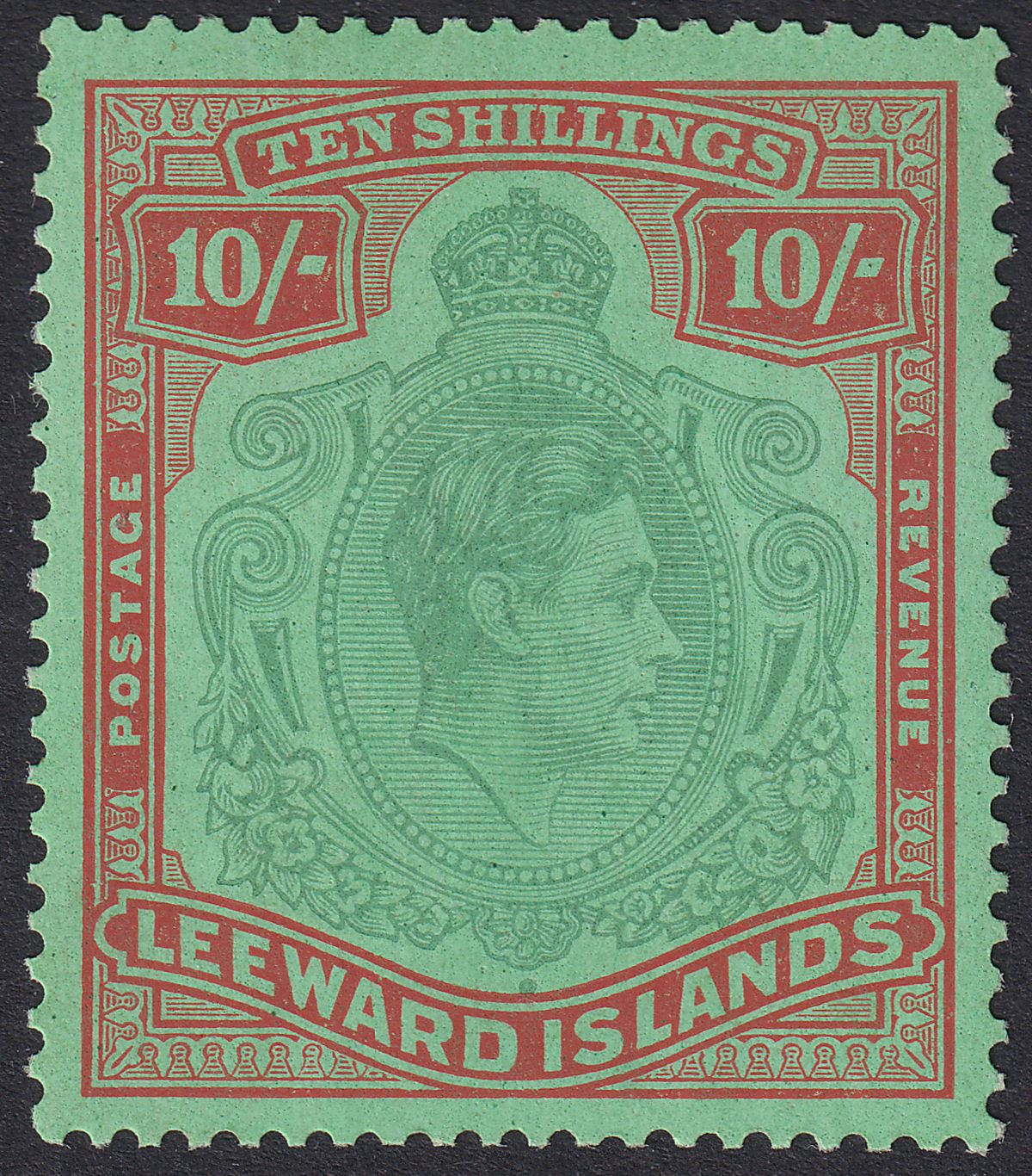 Leeward Islands 1942 KGVI 10sh Pale Green + Dull Red Ordinary Paper Mint SG113a