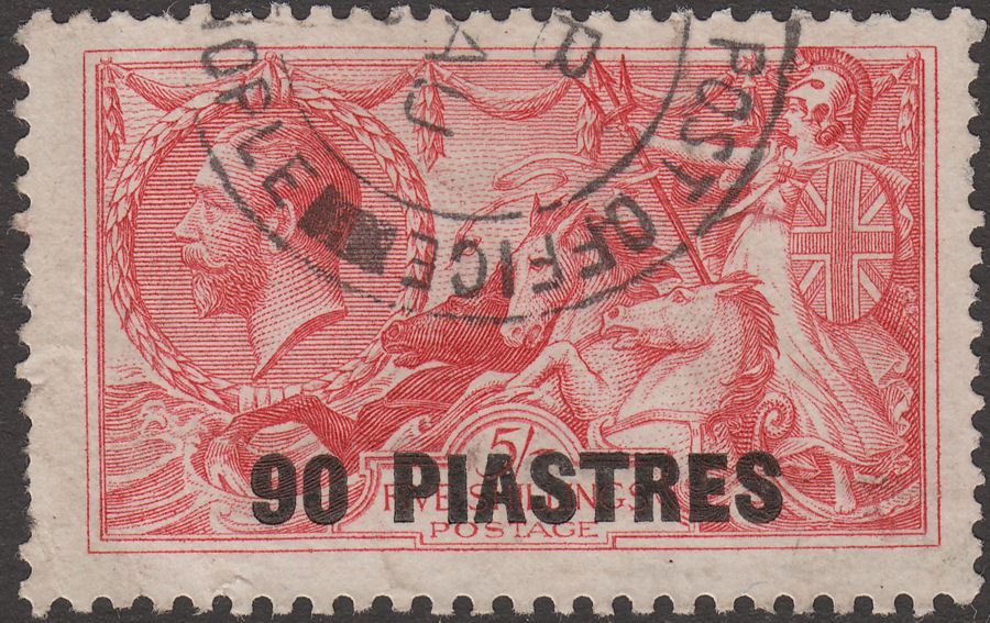 British Levant 1921 KGV Seahorse 90pi on 5sh Rose-Red Used SG49 cat £30 faults