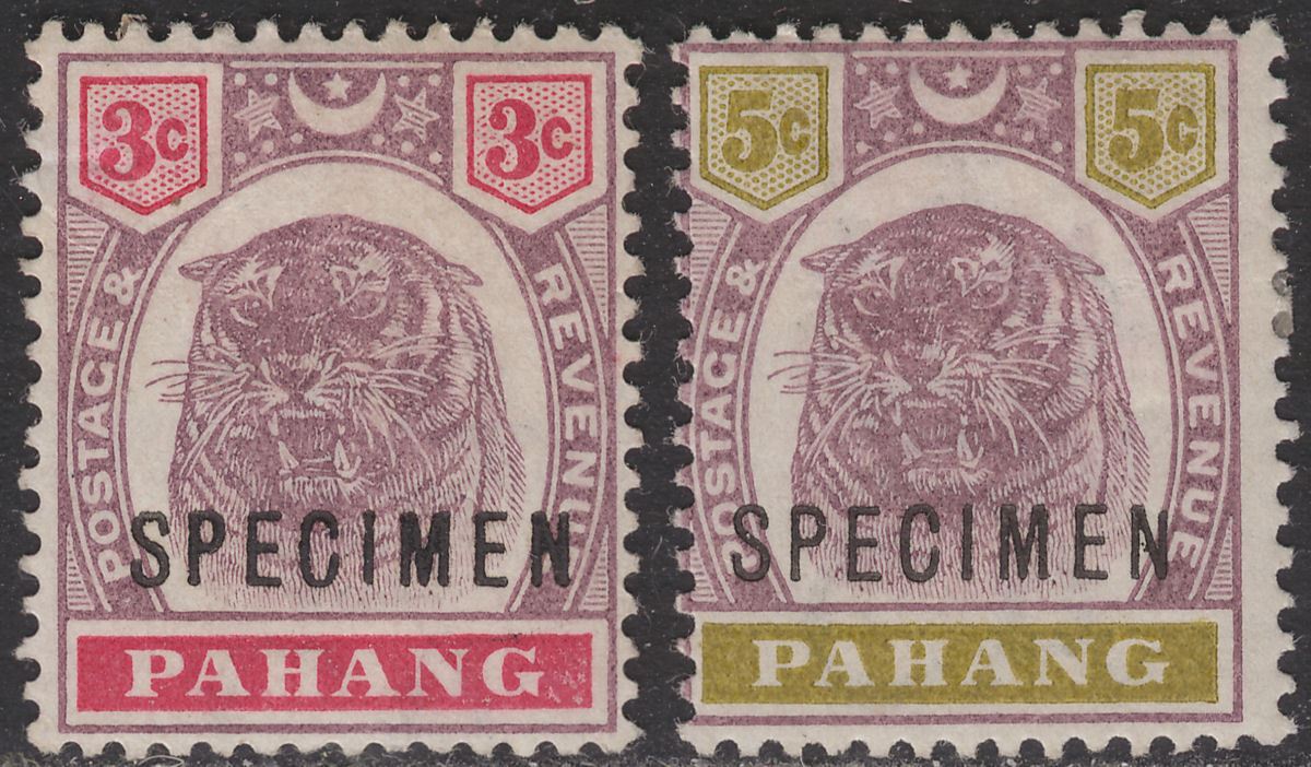 Malaya Pahang 1895 QV SPECIMEN Overprint Tiger 3c, 5c Mint SG14s SG16s