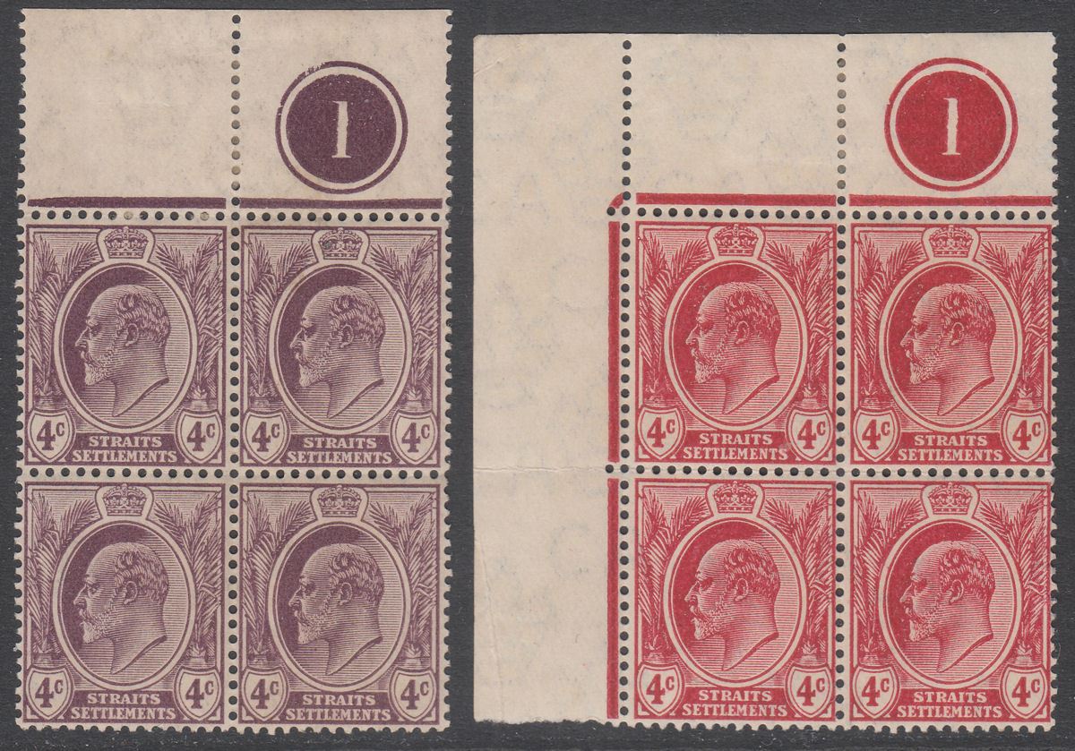 Malaya Straits Settlements 1908-11 KEVII 4c Purple, 4c Claret Plate 1 Blks Mint