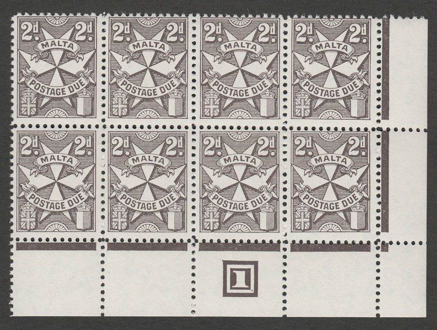 Malta 1967 QEII Postage Due 2d Blackish Brown perf 12 Plate Block Mint SG D30
