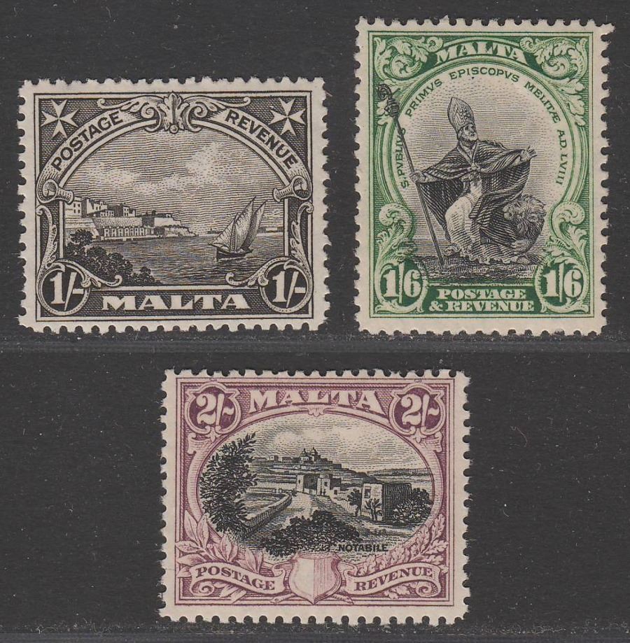 Malta 1930 KGV Postage and Revenue 1sh, 1sh6d and 2sh Mint SG203-205