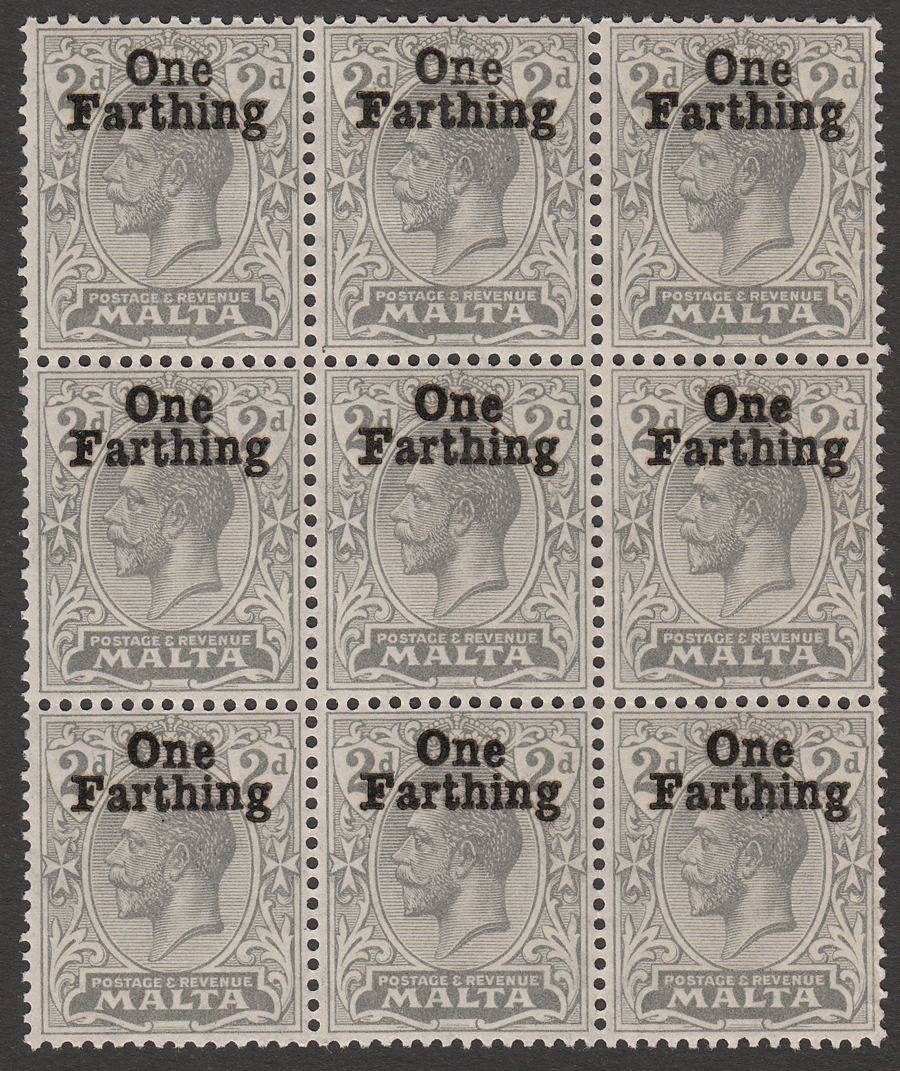 Malta 1922 King George V ¼d on 2d Grey Surcharge Block of 9 Mint SG122