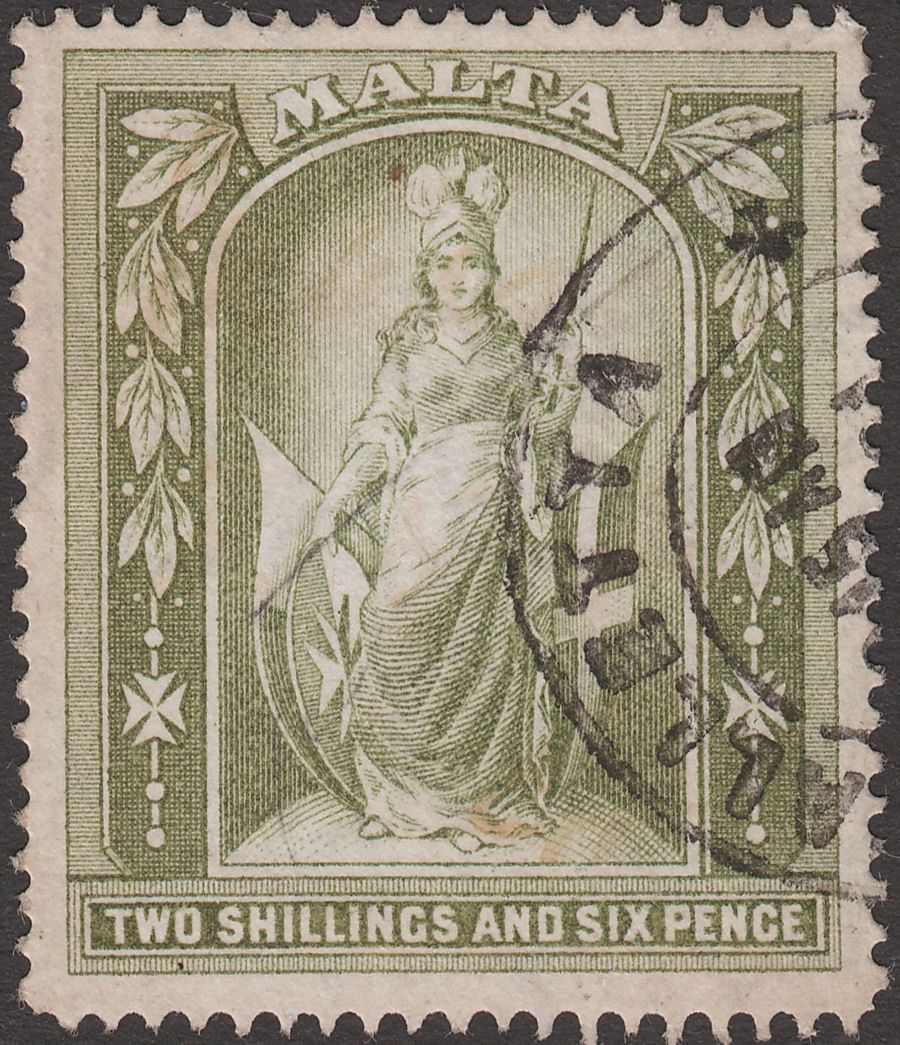 Malta 1919 KGV Figure 2sh6d Olive-Green Fiscally Used SG87 Cleaned