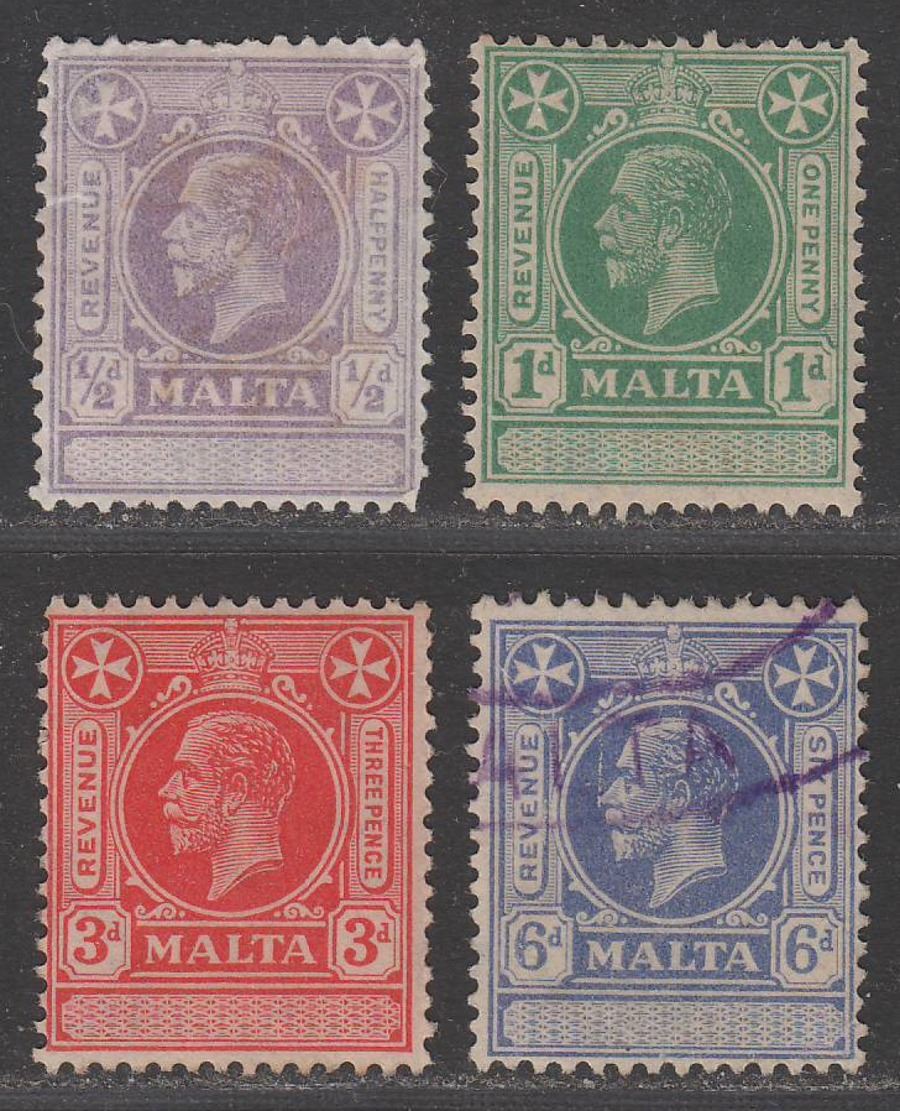 Malta 1925 King George V Revenue ½d, 1d, 3d, 6d Used / Unused