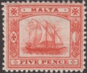 Click for more photos and details Malta 1899 QV Galley 5d Vermilion Mint SG33 cat £45
