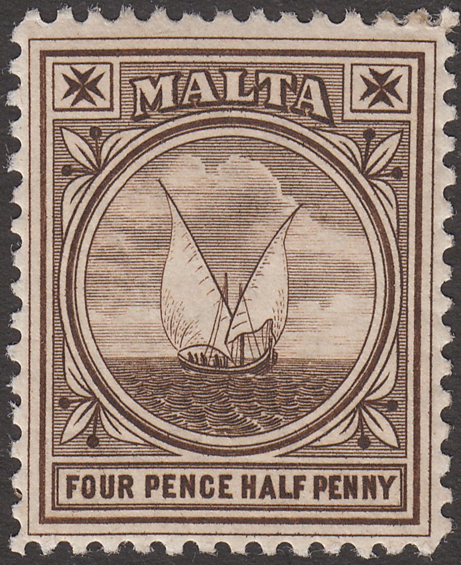 Malta 1899 Queen Victoria Fishing Boat 4½d Sepia Mint SG32 cat £26