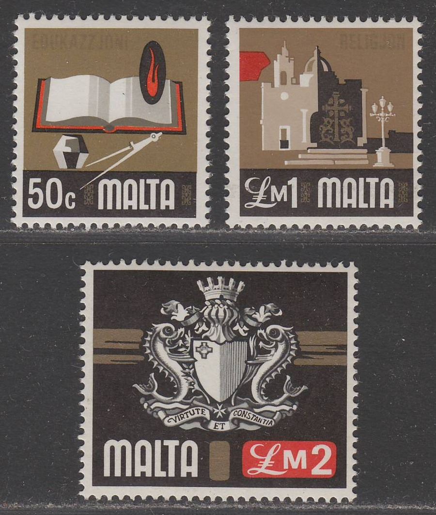 Malta 1973 Education 50c, Religion £1, Arms £2, Mint SG498-500