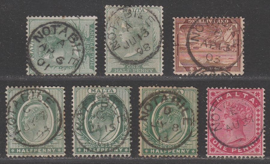 Malta QV-KEVII Selection Used with NOTABLE Postmarks codes A B C D E