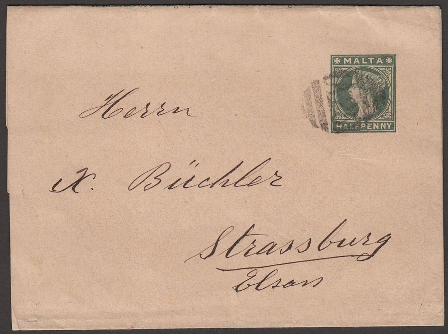 Malta QV ½d Postal Stat Wrapper to Germany with A25 Oval Postmark