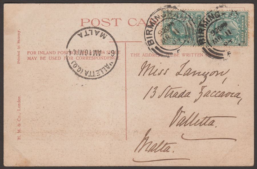 GB KEVII 1904 ½d Pair Used on Postcard to Malta w Birmingham Postmark