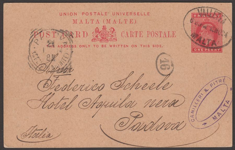Malta 1904 KEVII 1d PS Postcard - Italy w Valletta Oval Postmark 23 Postman's Ch