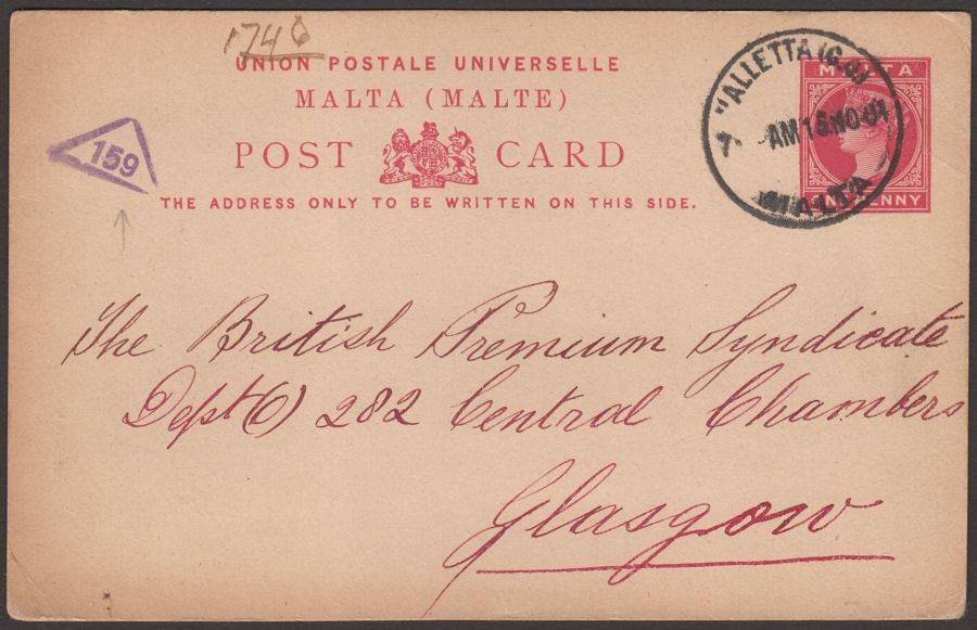 Malta 1901 QV 1d Postal Stationery Postcard to Glasgow with Valletta Postmark