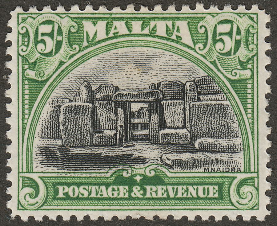 Malta 1930 KGV Postage and Revenue 5sh Black and Green Mint SG208