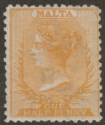Click for more photos and details Malta 1871 Queen Victoria wmk CC ½d Yellow-Orange perf 12½ Mint SG15 cat £400