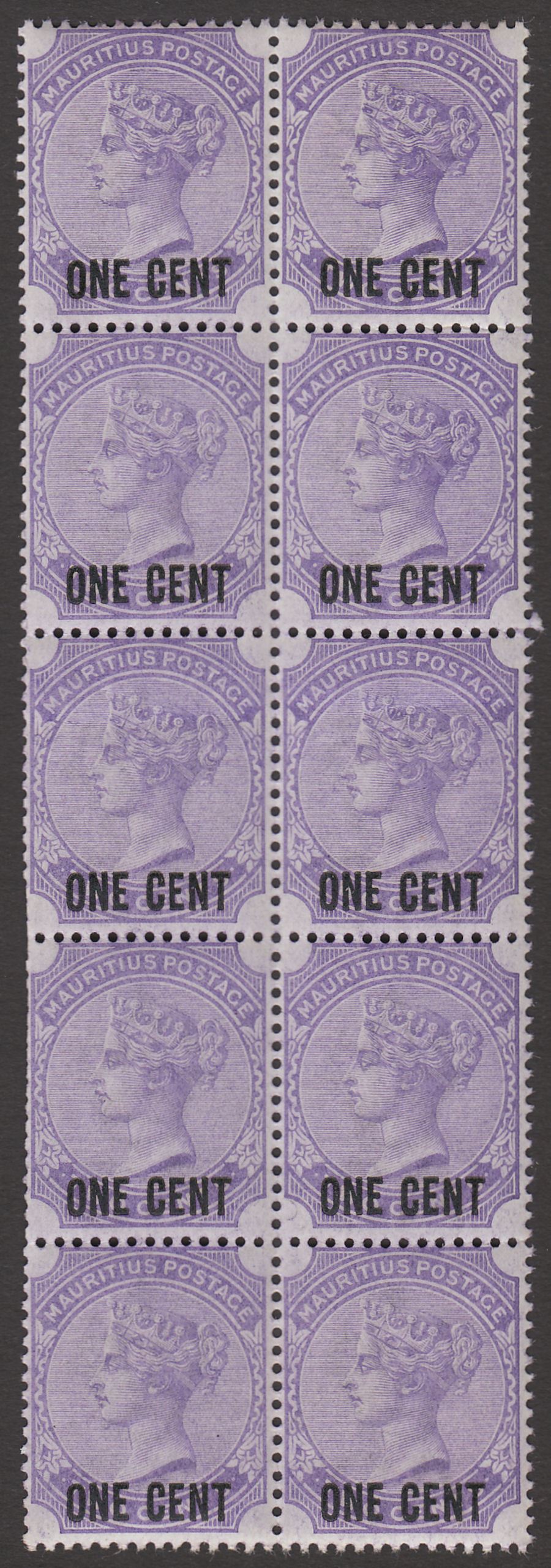 Mauritius 1893 QV 1c on 2c Pale Violet Surcharge Block of 10 Mint SG123 cat £25