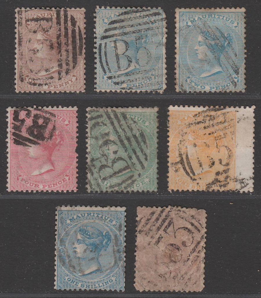 Mauritius 1863-72 Queen Victoria wmk CC Selection to 1sh x2 Used + 5sh spacefill