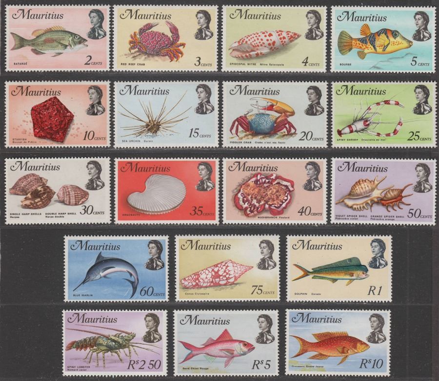 Mauritius 1969-74 QEII Marine Life Set of 18 values Mint mix of watermarks