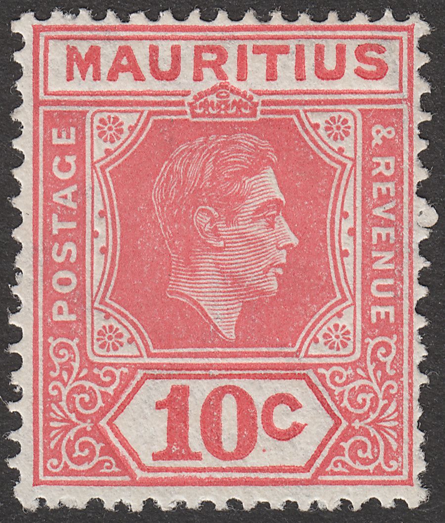 Mauritius 1942 KGVI 10c Pale Reddish Rose perf 15x14 Mint SG256c