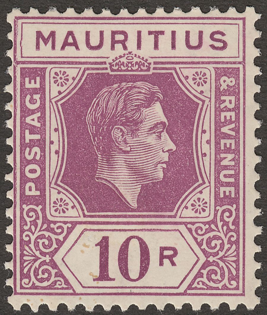 Mauritius 1938 KGVI 10r Reddish Purple variety Damage to Keyplate Mint SG263var