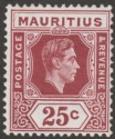 Mauritius 1947 KGVI 25c Lake-Maroon Chalky Paper Mint SG259