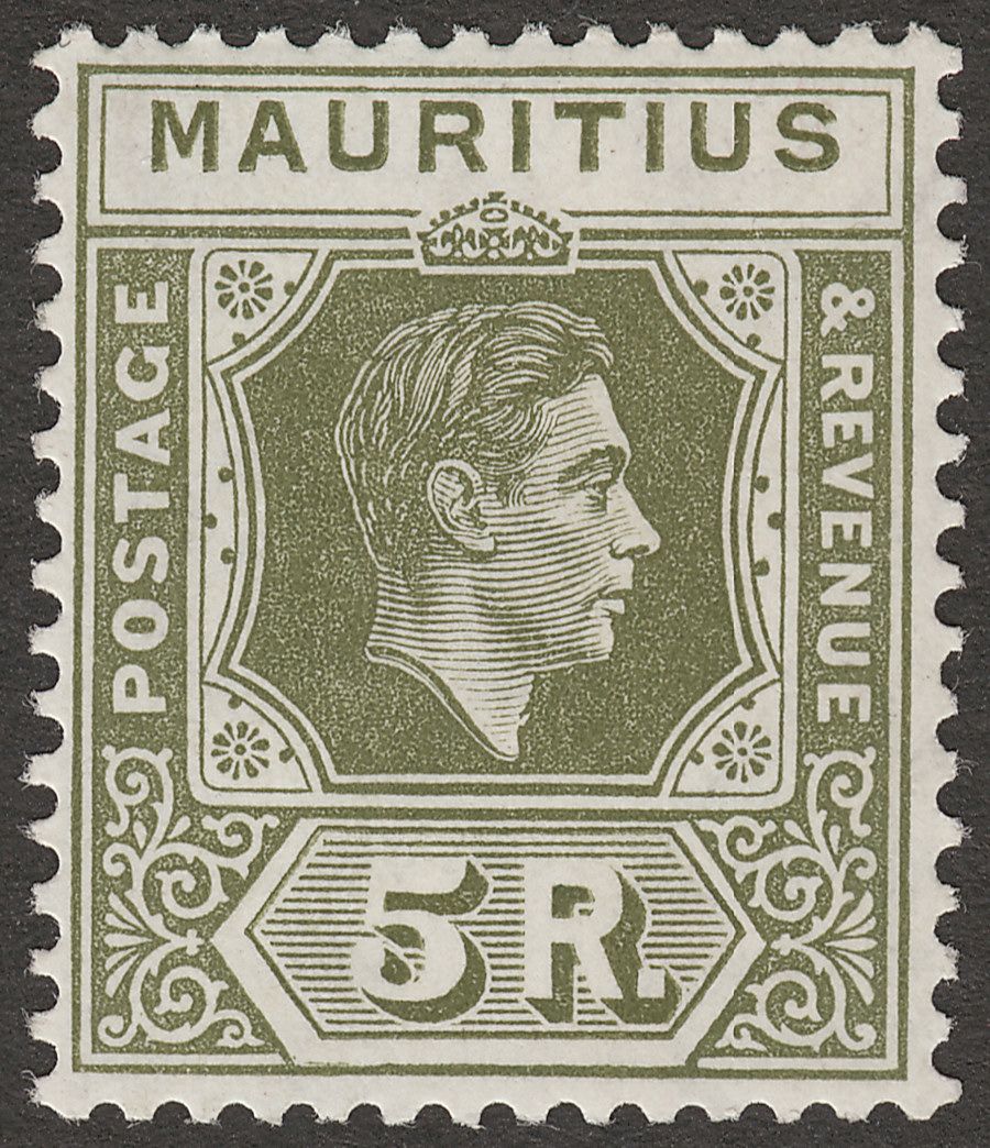 Mauritius 1938 KGVI 5r Olive-Green Chalky Paper Mint SG262