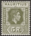 Click for more photos and details Mauritius 1938 KGVI 5r Olive-Green Chalky Paper Mint SG262