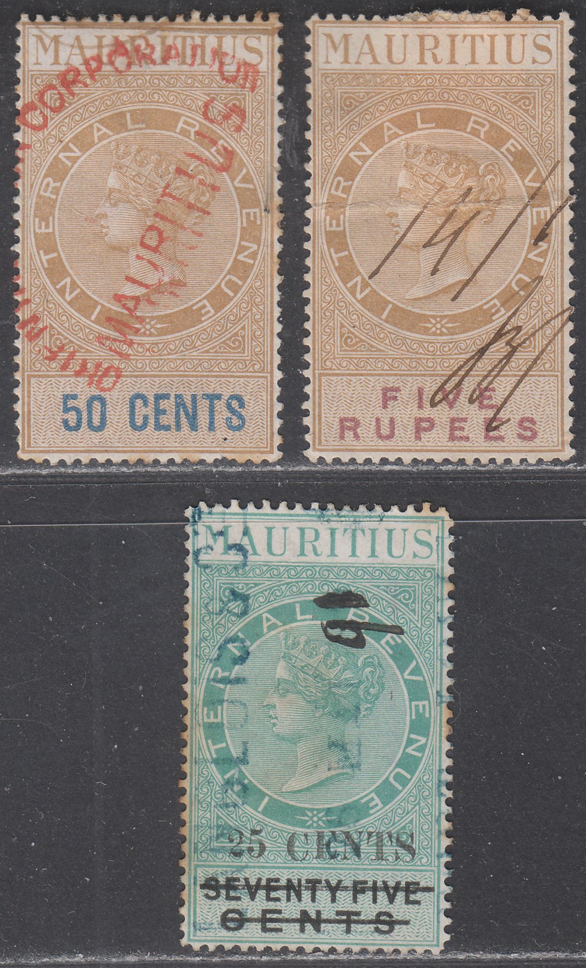 Mauritius 1878-85 QV Internal Revenue 50c, 5r, 25c on 75c Used BF20 BF46 BF61A