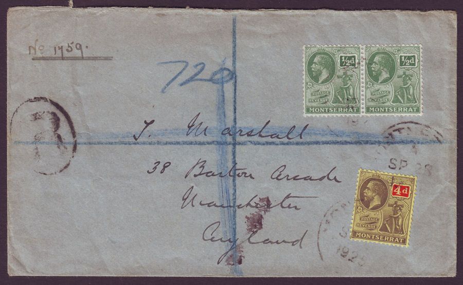 Montserrat 1925 KGV ½d Pair + 4d Used on Registered Cover to UK