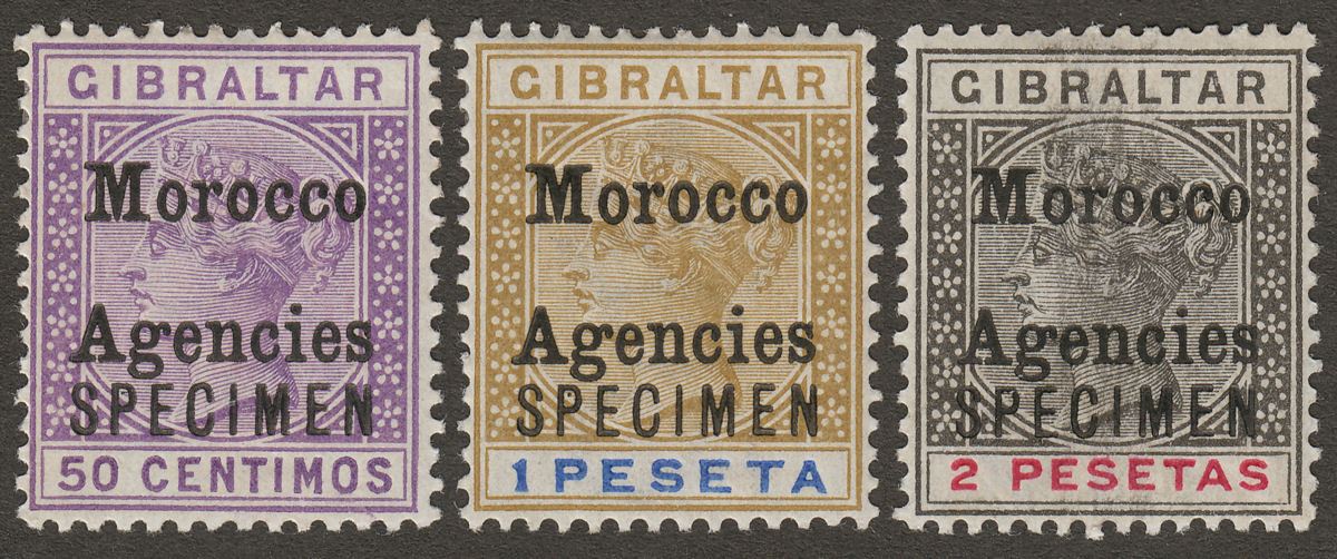 Morocco Agencies 1899 QV 50c, 1p, 2p SPECIMEN overprints SG14s - SG16s