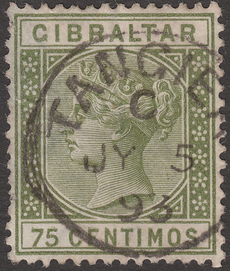 Gibraltar used Morocco 1893 QV 75c Used w TANGIER postmark cat £95 faulty