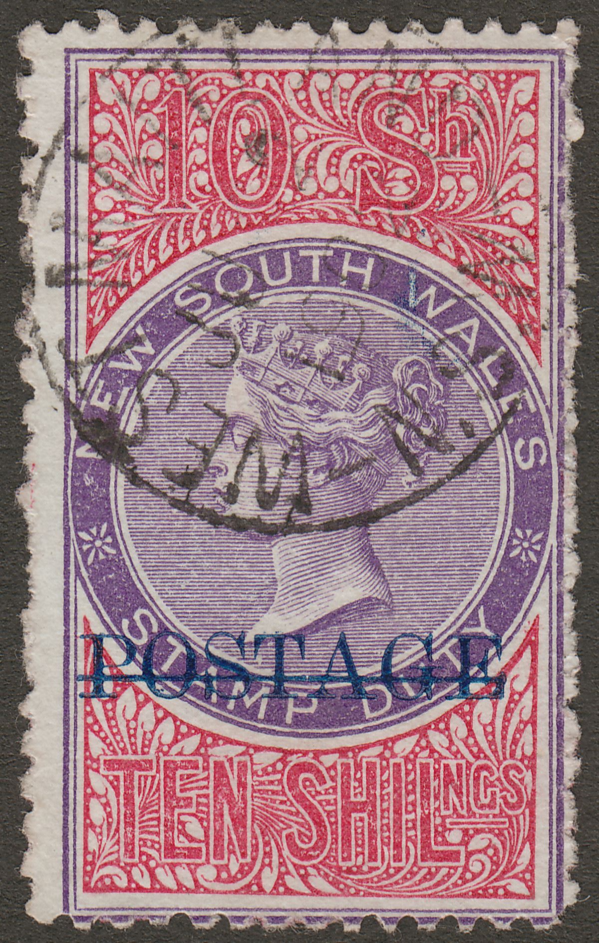 New South Wales 1894 QV Postage Opt 10sh Violet + Claret p12 x 11 Used SG275b