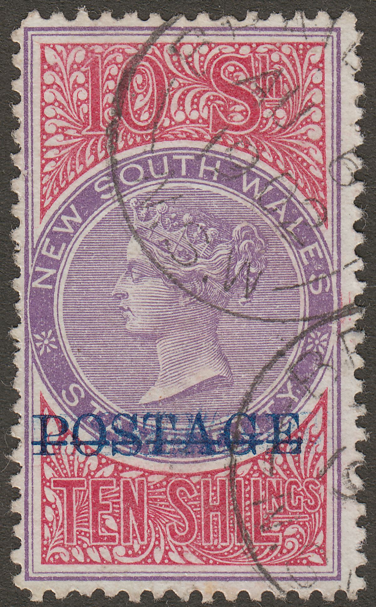 New South Wales 1894 QV Postage Opt 10sh Violet + Claret p12 Used SG275 cat £50