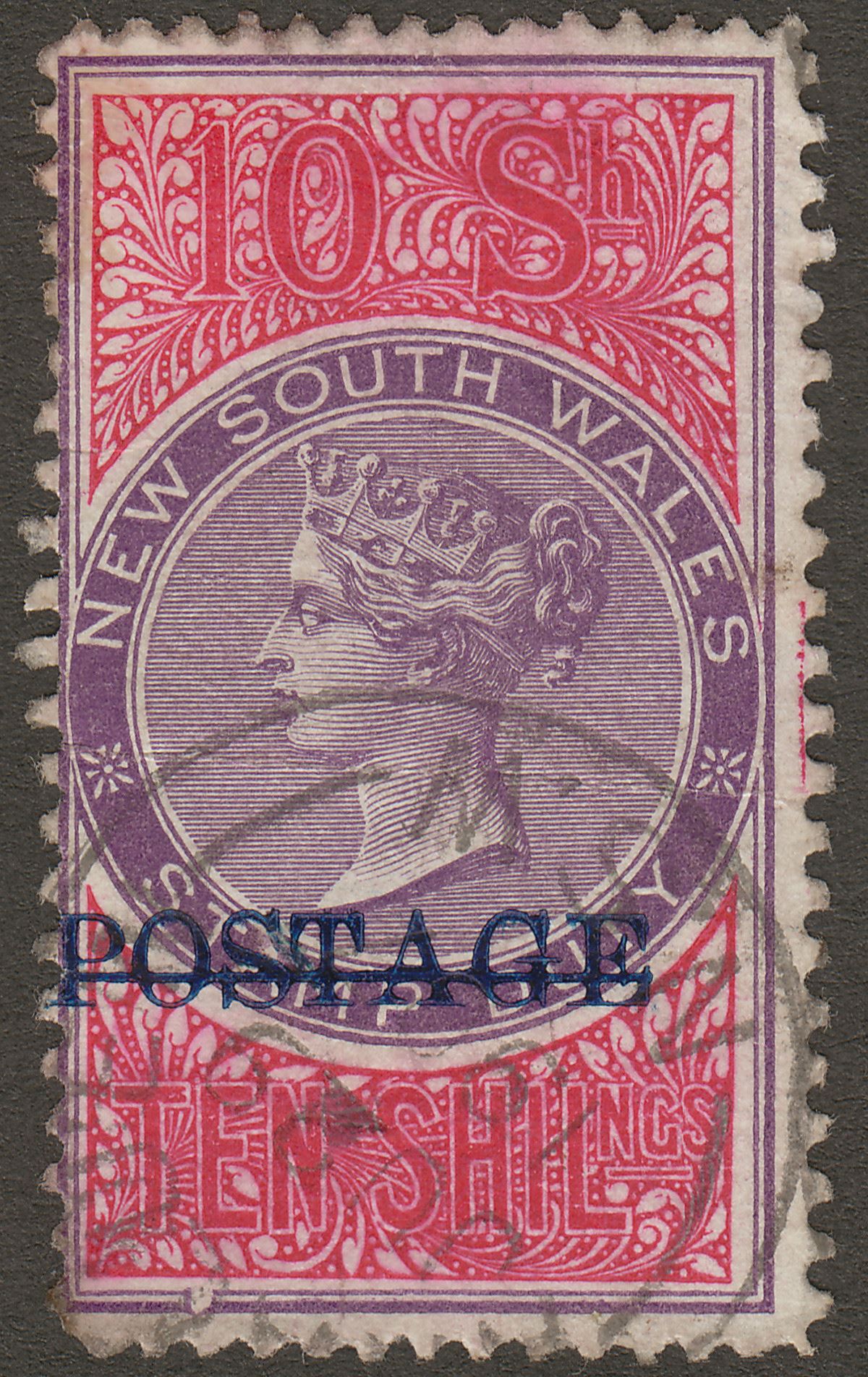 New South Wales 1904 QV Postage Opt 10sh Violet and Rosine p12x11 Used SG277b