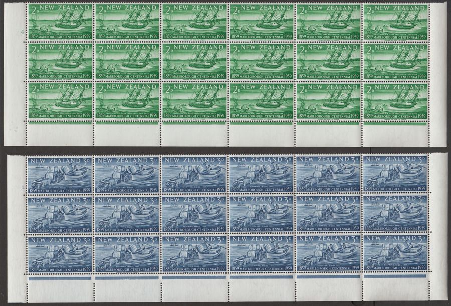 New Zealand 1959 QEII Marlborough Centennial Set in Blocks of 18 Mint SG772-774