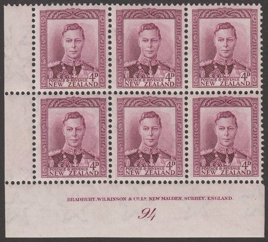 New Zealand 1947 KGVI 4d Purple Plate 94 Imprint Block of 6 Mint SG681