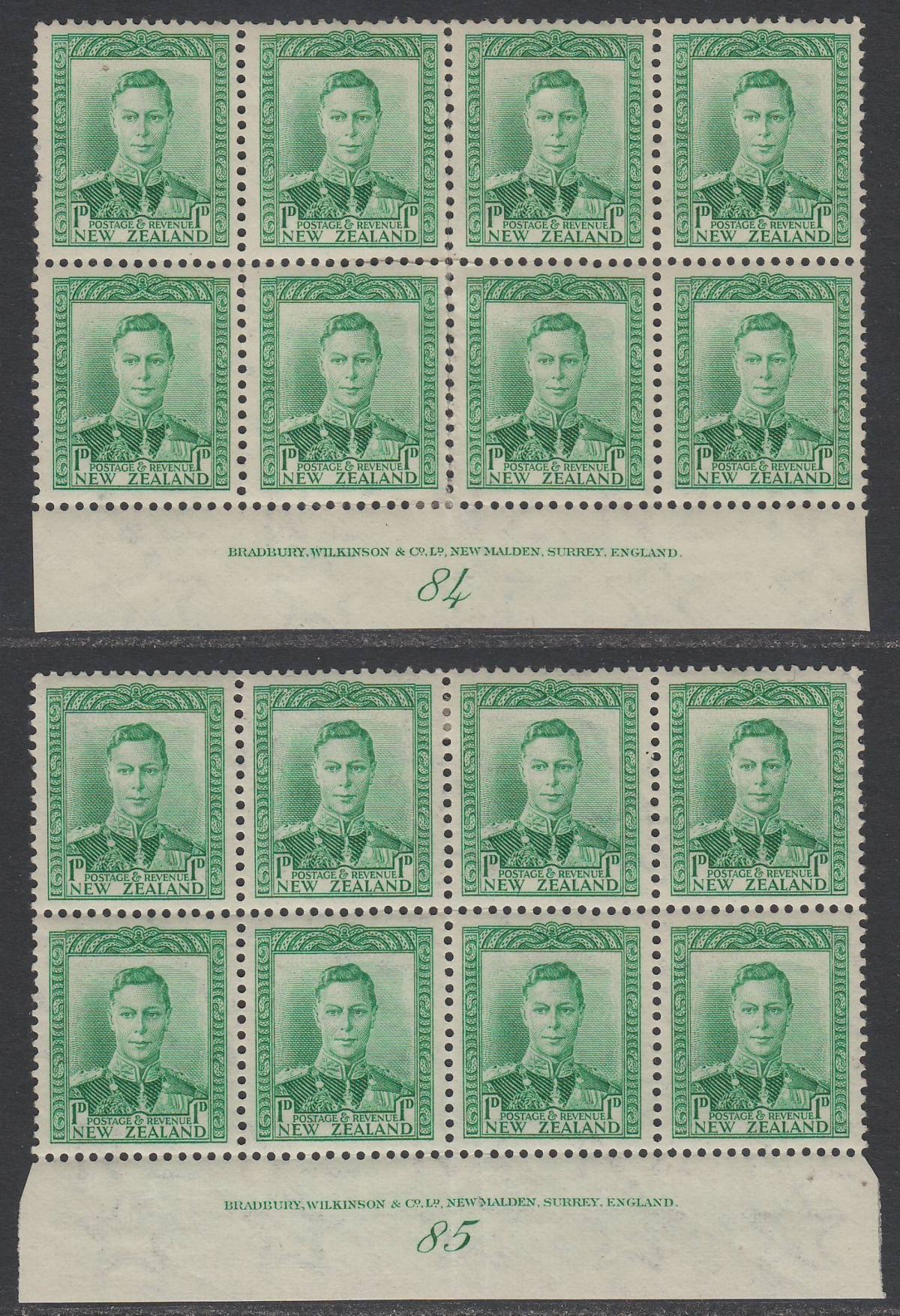 New Zealand 1941 KGVI 1d Green Plates 84, 85 Imprint Blocks of 8 Mint SG606