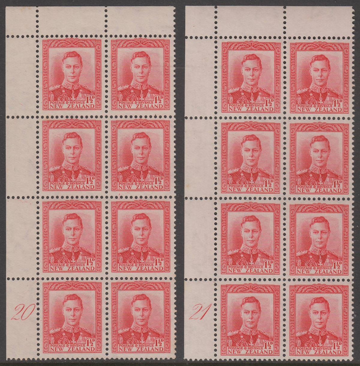 New Zealand 1944 KGVI 1½d Scarlet Plates 20, 21 Imprint Blocks of 8 Mint SG608