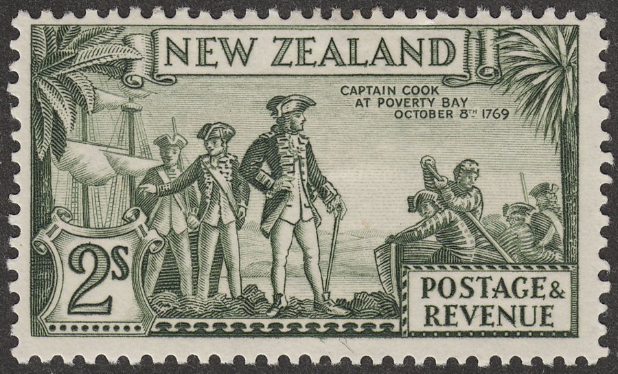 New Zealand 1936 KGV Captain Cook 2sh Olive-Green p13-14x13½ Mint SG589