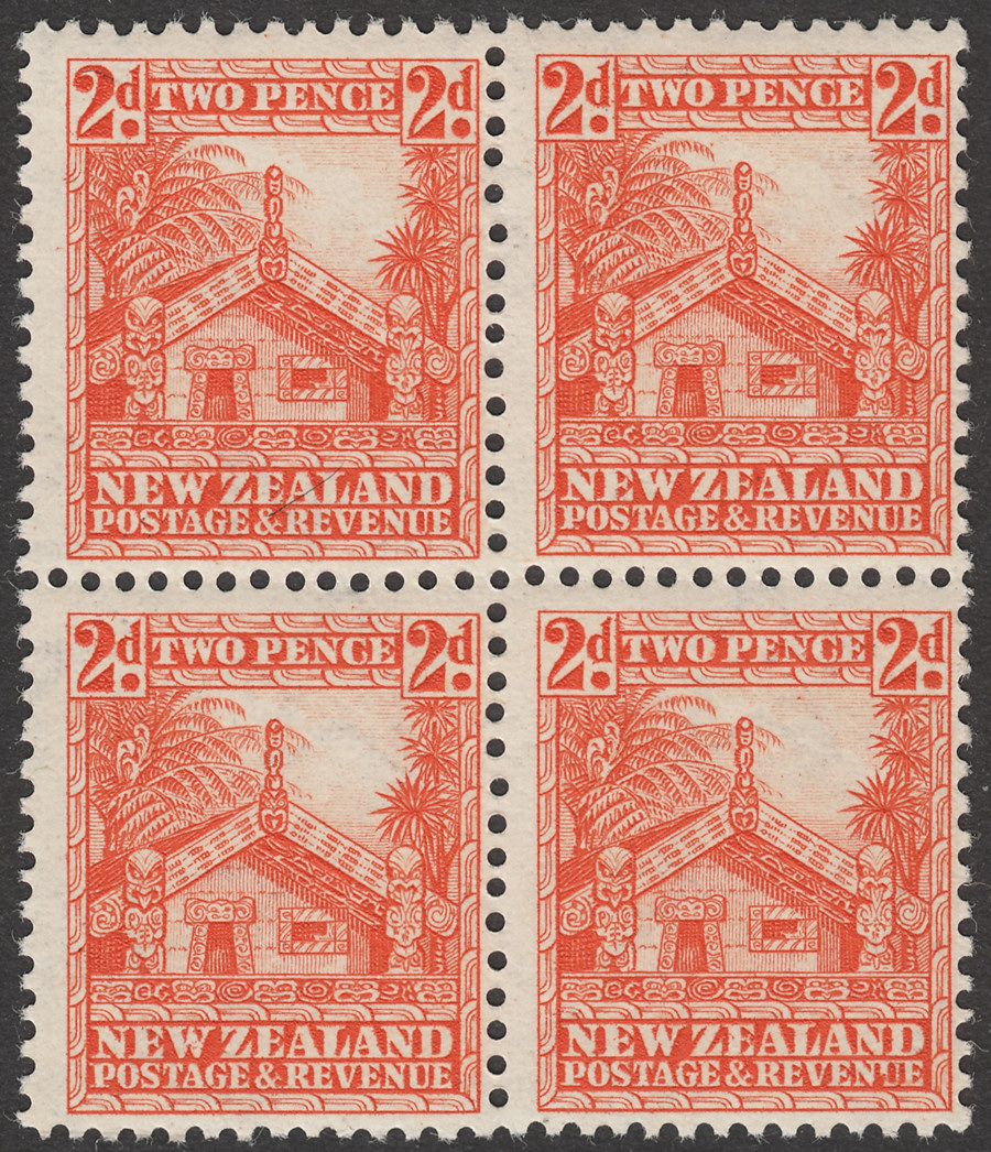 New Zealand 1936 KGV Maori Carved House 2d Orange Block of 4 Mint SG580