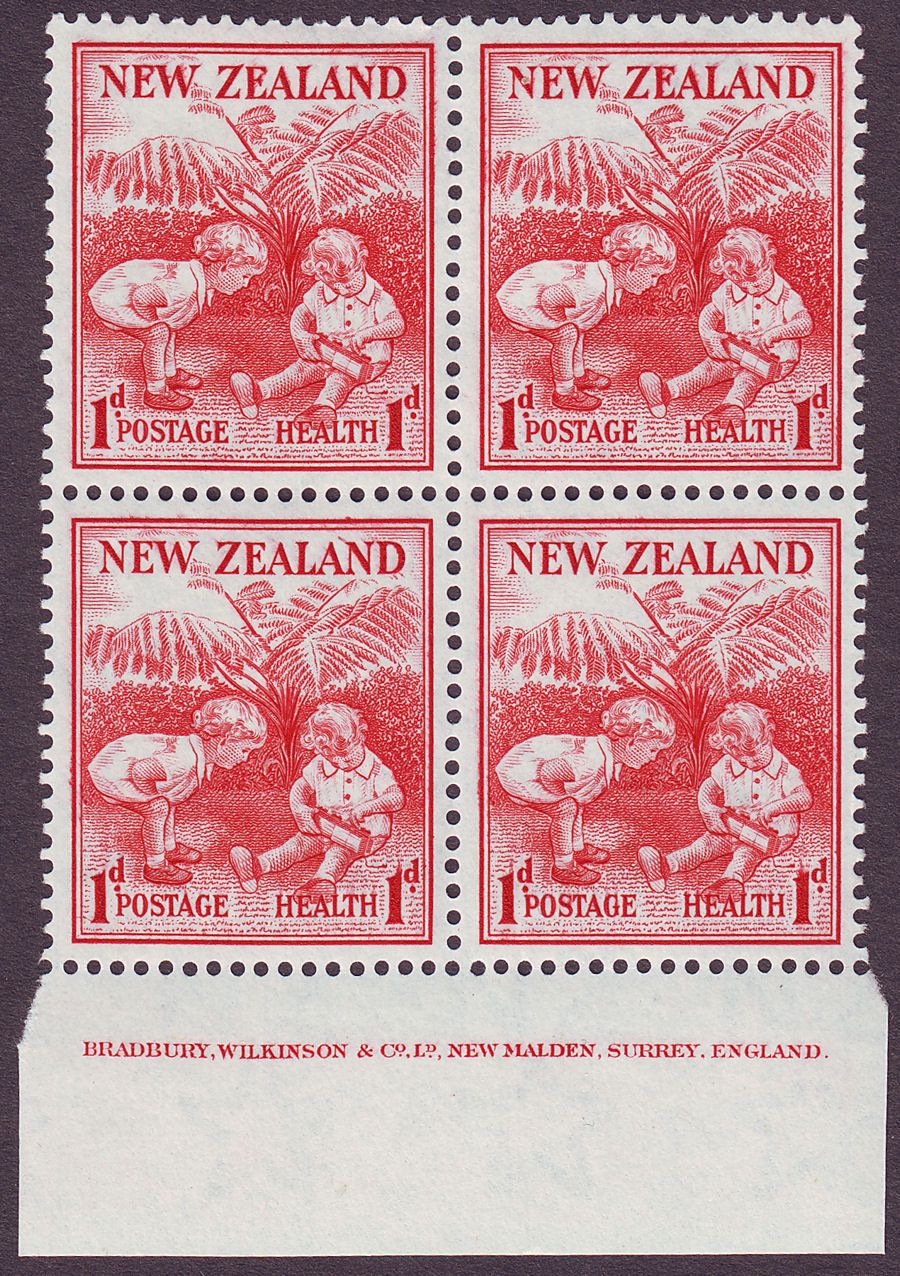 New Zealand 1938 Health Stamp 1d + 1d Scarlet Imprint Block of Four