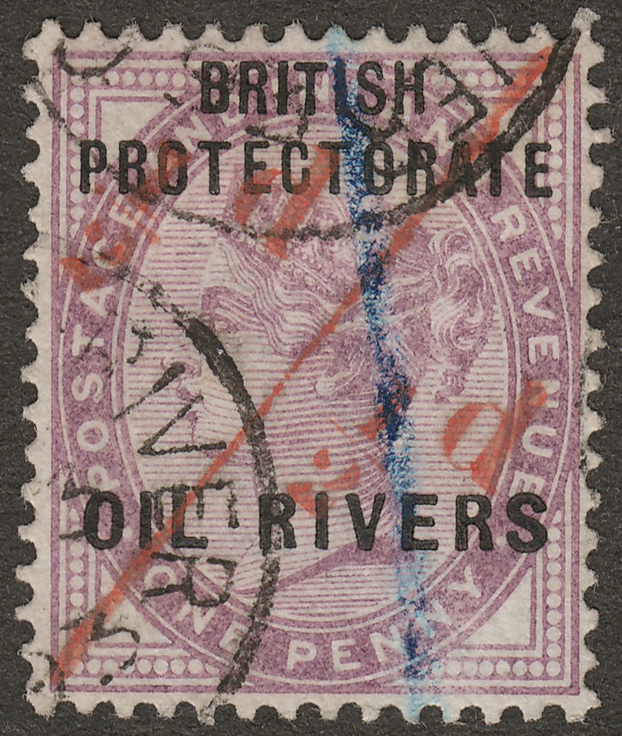 Oil Rivers Protectorate 1893 QV ½d on half 1d unsevered pair used SG7a