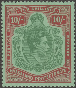 Nyasaland 1938 KGVI 10sh Emerald and Deep Red SG142