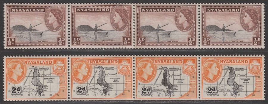 Nyasaland 1954 Queen Elizabeth II ½d, 2d Perf 12x12½ Coil Join Strips of 4 Mint